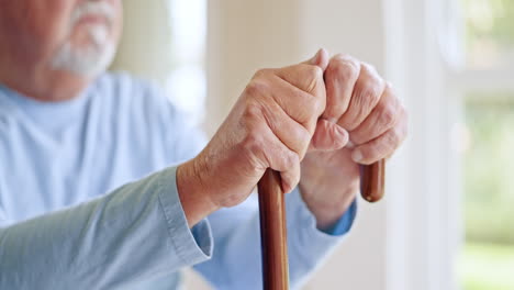 senior man, hands and walking stick in home