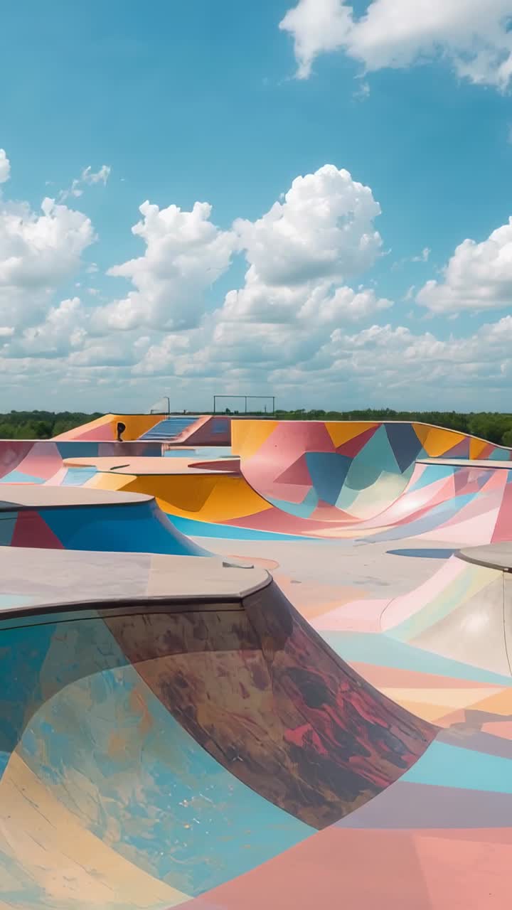Vídeo vertical: um skatista de camiseta branca, calça escura atravessa o parque e anda de skate, espaço para texto