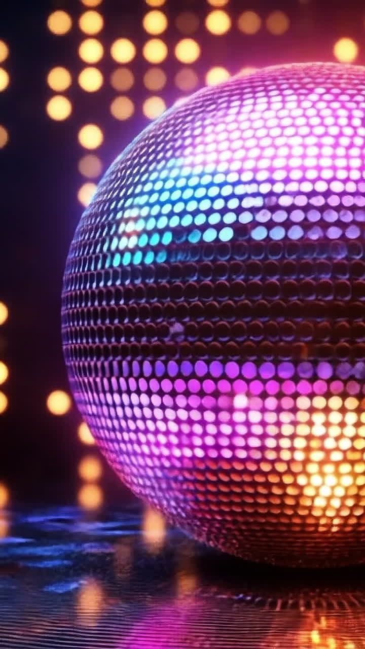 Vibrant lights on disco ball. A colorful disco ball shines and reflects light in a dark venue, creating an energetic atmosphere for dancing.