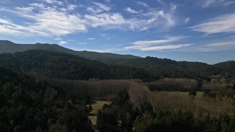 drone landscape of mountain range green hills in catalonia spain, environmental pristine mediterranean mountain range with native trees, morning clear daylight skyline