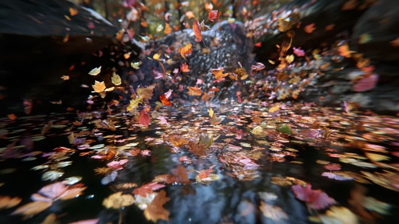 A mesmerizing view of colorful autumn leaves swirling and cascading above a tranquil pool of water, creating a vibrant natural spectacle in the heart of fall