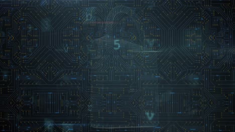 animación del procesamiento de datos de seguridad cibernética a través de conexiones de microprocesadores contra un fondo azul