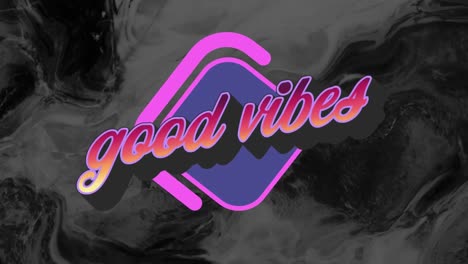 animación de texto buenas vibraciones en naranja con logotipo rosa y azul, sobre fondo de remolino negro