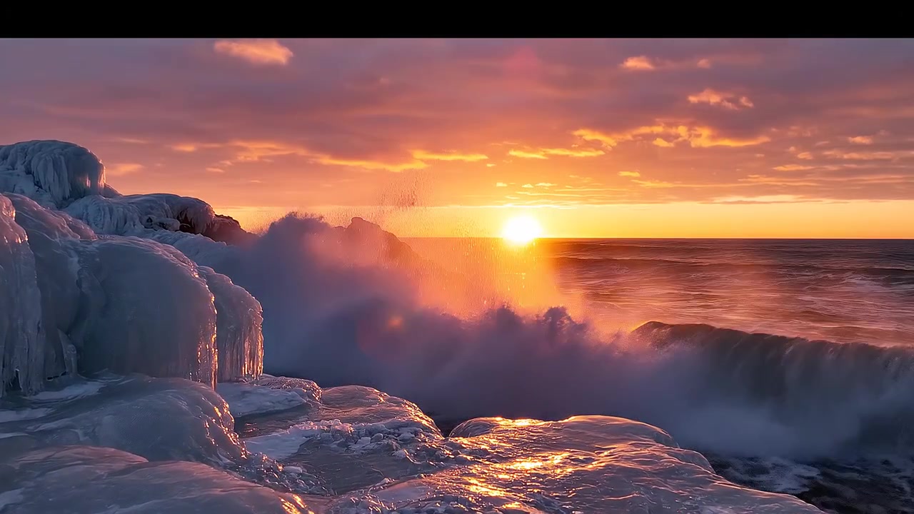 Tramonto drammatico su una costa ghiacciata con onde che si infrangono