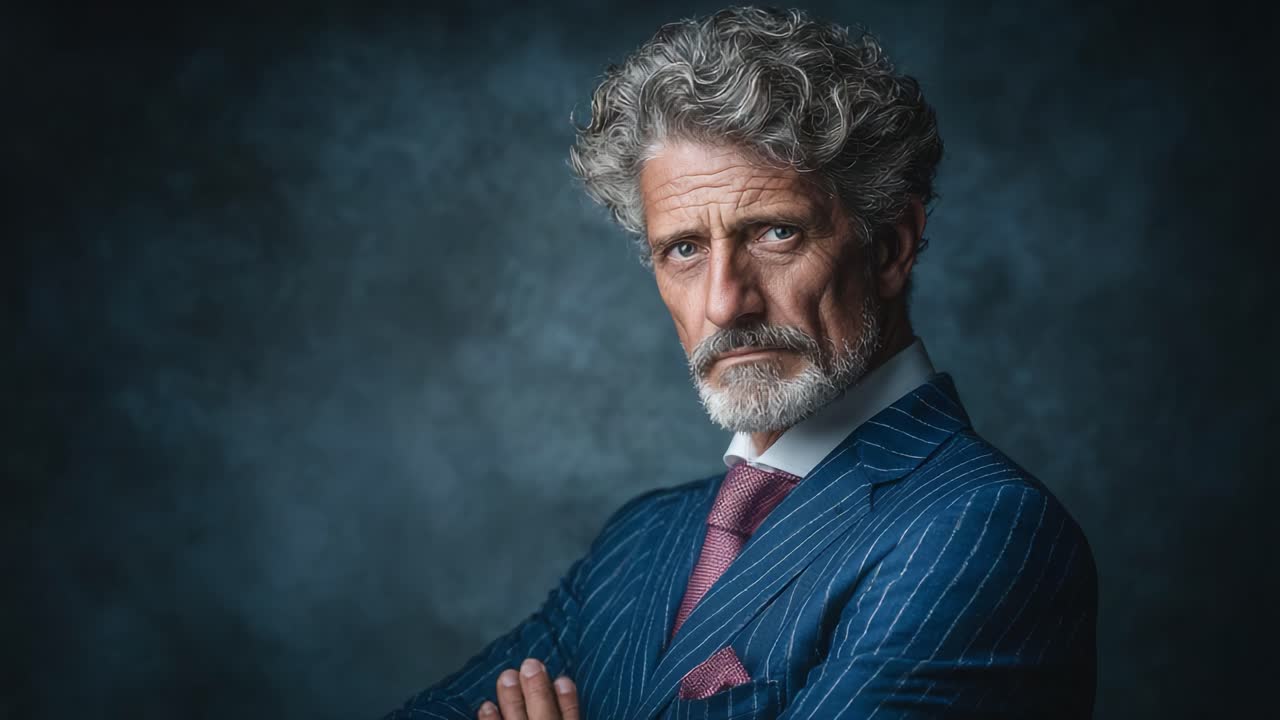 En sofistikeret mand i et nålestribet jakkesæt med gråt hår og skæg, der udstråler selvtillid og visdom mod en mørk tekstureret baggrund i et professionelt portræt.