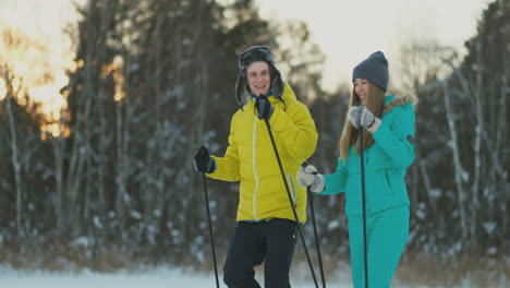 a man and woman cross-country skiing in the winter forest