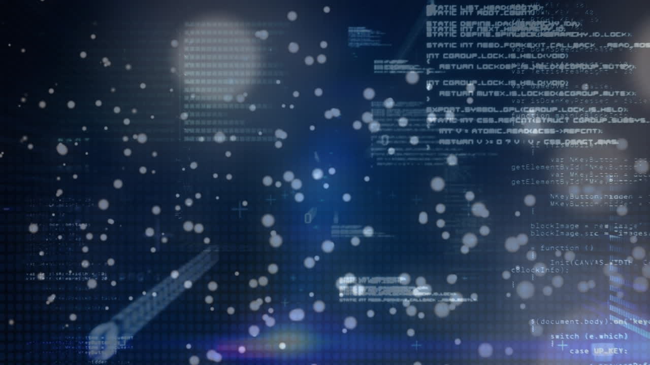 루핑 바이너리 코드와 함께 프로그래밍 언어 위에 떠다니는 반이는 원과 점의 애니메이션