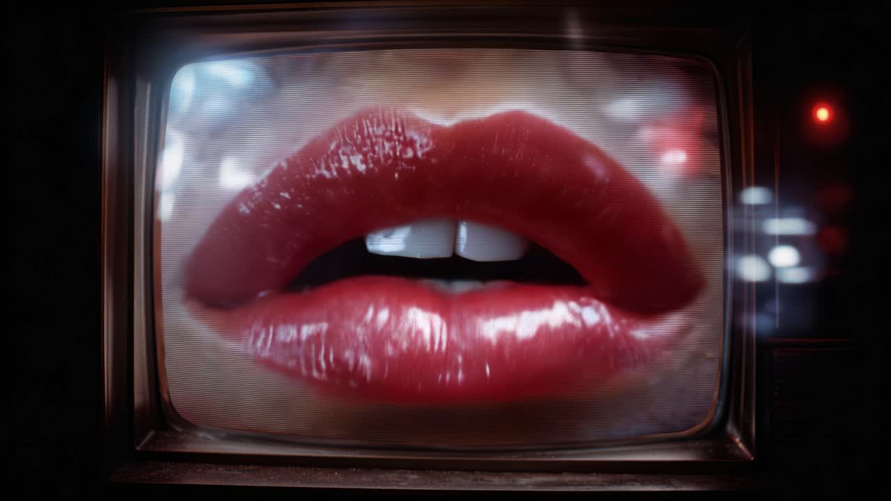 Primo piano accattivante di labbra voluttuose mostrato su uno schermo televisivo vintage, che mette in risalto il colore rosso vibrante e la texture lucida, in un'estetica retrò.