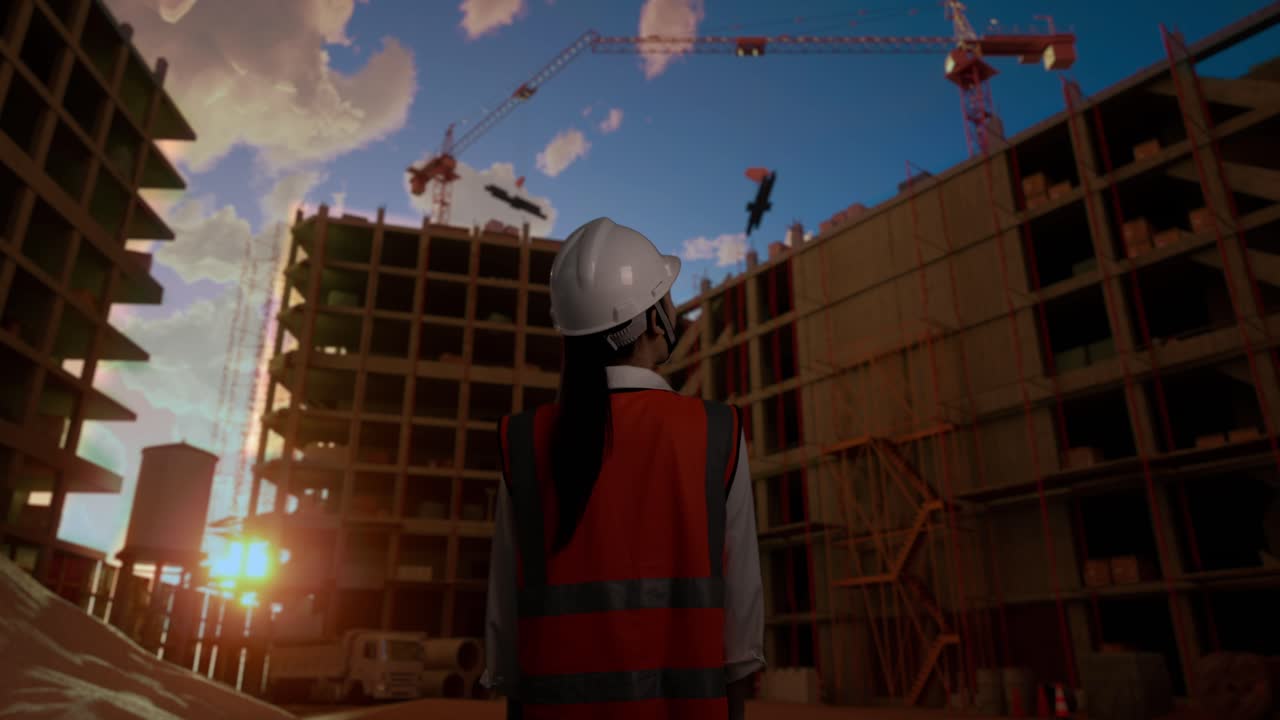 vista trasera de una ingeniera asiática con casco de seguridad mirando a su alrededor mientras está de pie en el sitio de construcción, durante la puesta o salida del sol
