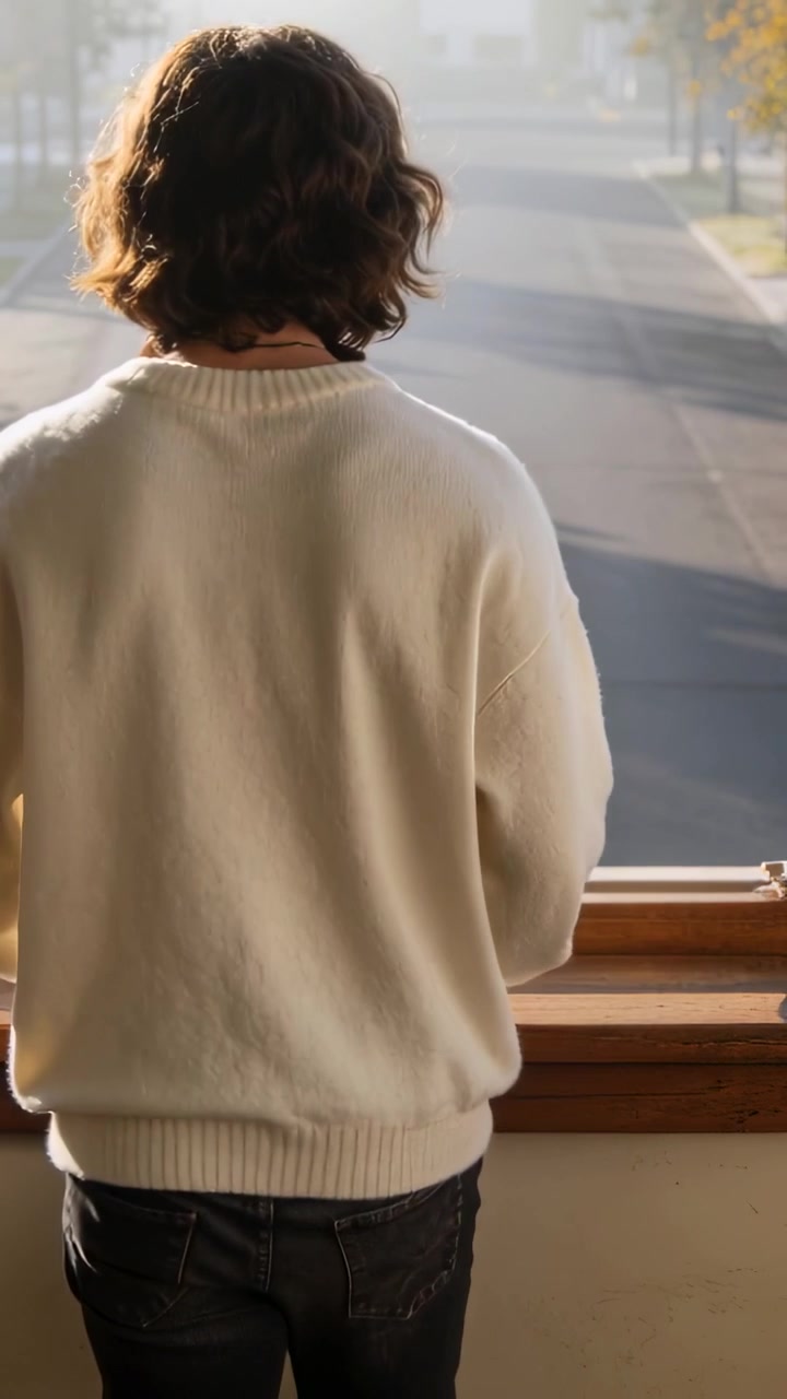 Vertical video: Leaning woman in cream knit at home sill gazing at road as sunlight haloing hair