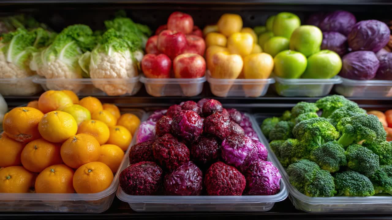 A Vibrant Display of Fresh Vegetables and Fruits: An Abundant Selection Featuring Broccoli, Apples, Oranges, Cauliflower, and More in a Colorful Arrangement