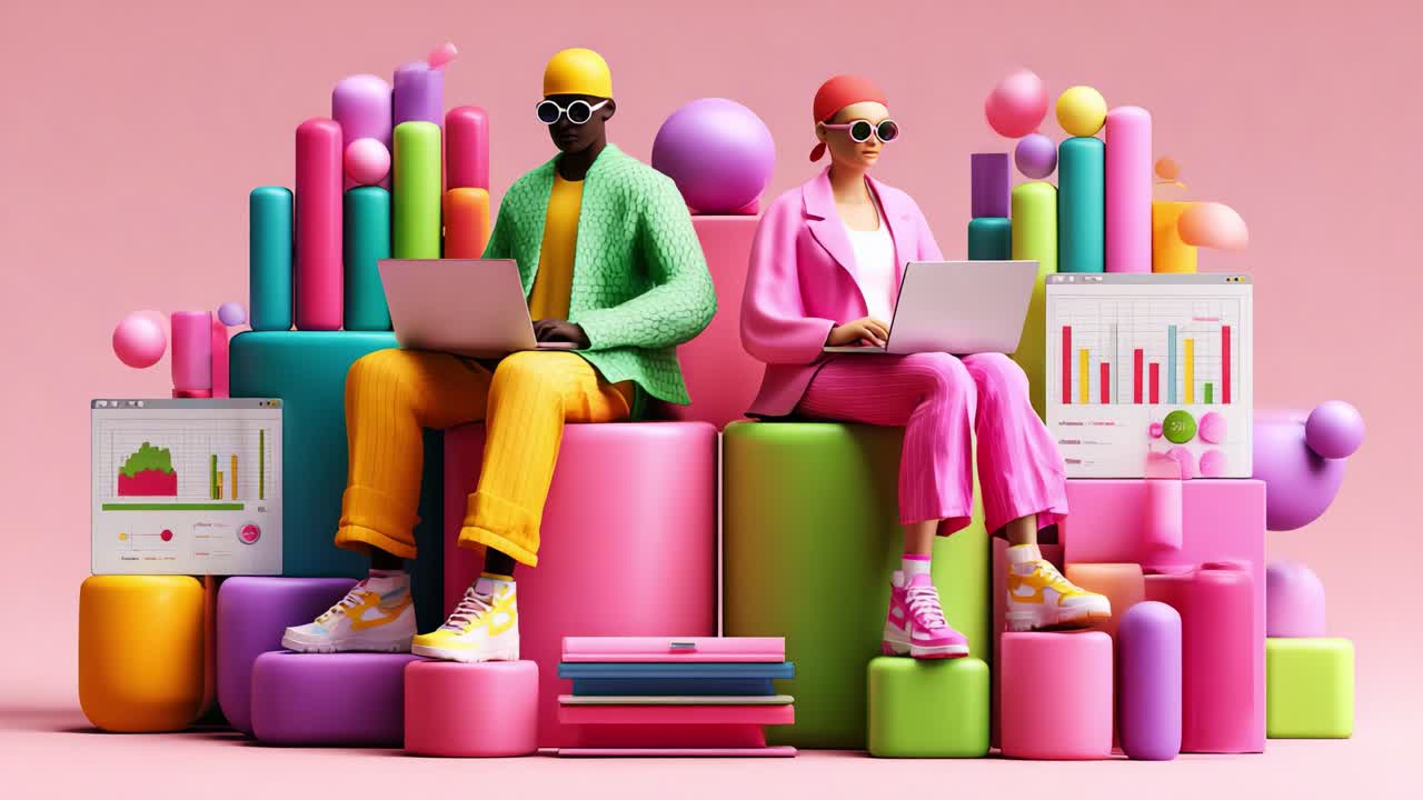 A vibrant scene showcasing two stylish individuals working on laptops amidst a playful backdrop of colorful geometric shapes and graphs, embodying creativity and modern productivity