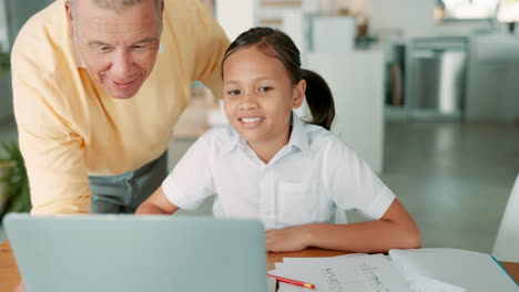 homework, grandfather and girl with education