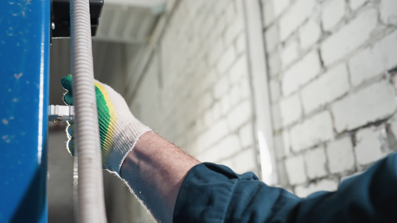 primer plano de la mano peluda del mecánico con un guante ajustando el mecanismo de elevación en el garaje, manga uniforme azul visible con fondo de pared de ladrillo, mantenimiento automotriz profesional