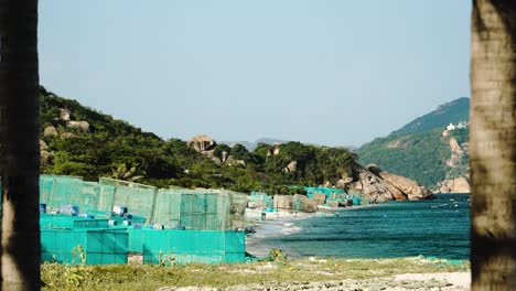 wide shot showing of lobster and shrimp farm with on the sandy beach of vietnam during sunny day