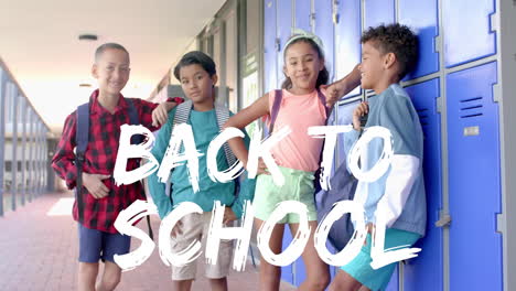 animation of back to school text over diverse schoolchildren at lockers