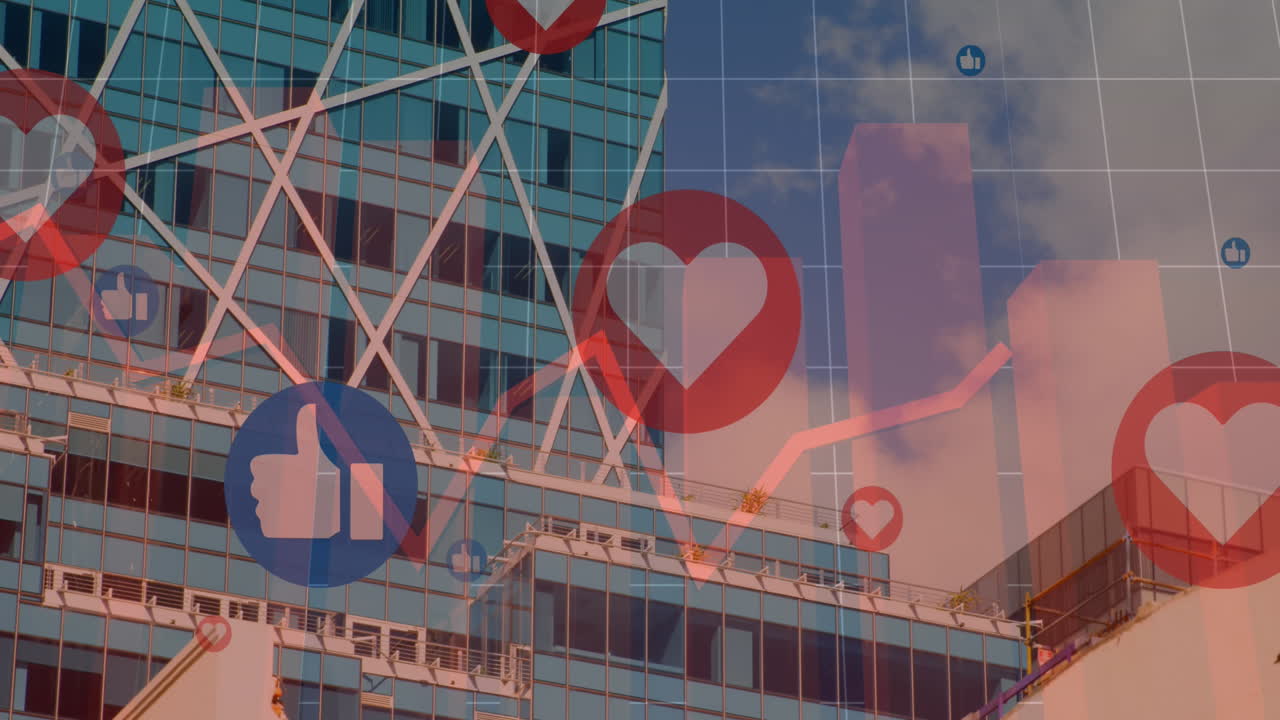 소셜 미디어 심장 아이콘의 애니메이션과 도시 풍경에 대한 금융 데이터 처리