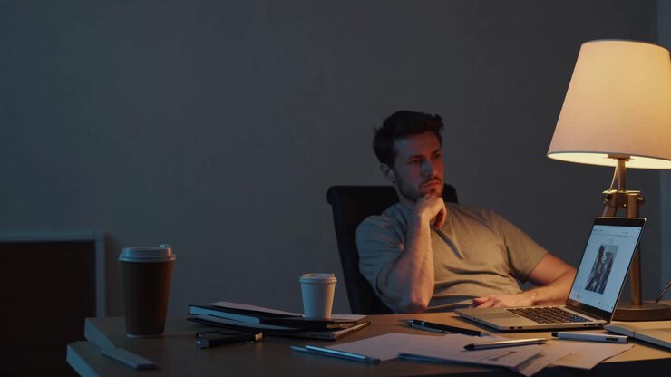 Uomo che lavora fino a tarda notte in un ufficio a casa