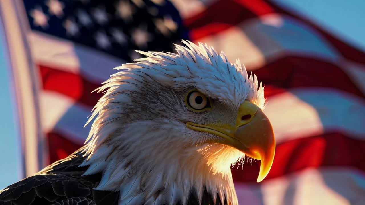 Primo piano, ripresa dal basso di un'aquila calva con la bandiera americana sullo sfondo