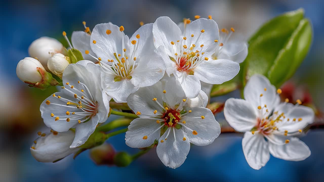 Captivating Cherry Blossom Flowers in Bloom: A Beautiful Display of Nature's Artistry with Delicate Petals and Lush Green Leaves Against a Soft Blue Background