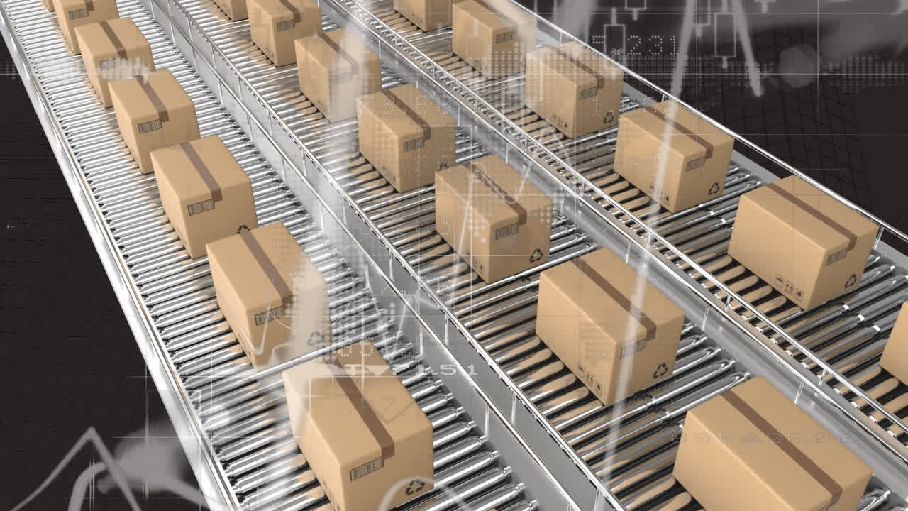 검은 바탕에 대한 컨베이어 벨트에있는 배달 상자에 대한 통계 데이터 처리