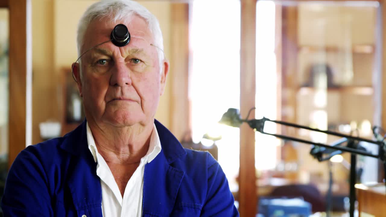 relojero de pie con los brazos cruzados