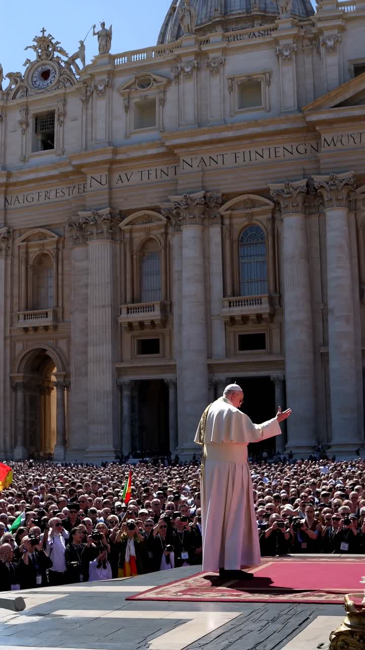 Fermo immagine di un video che mostra un leader religioso che si rivolge a una grande folla fuori da una maestosa cattedrale.