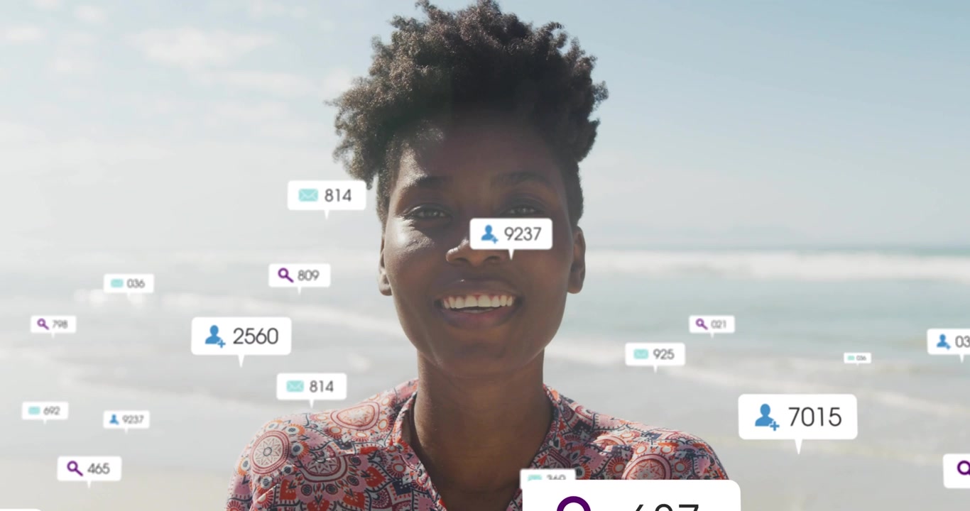 Vertical video: Woman turning on shore search tag starting icons passing face showing ad reach