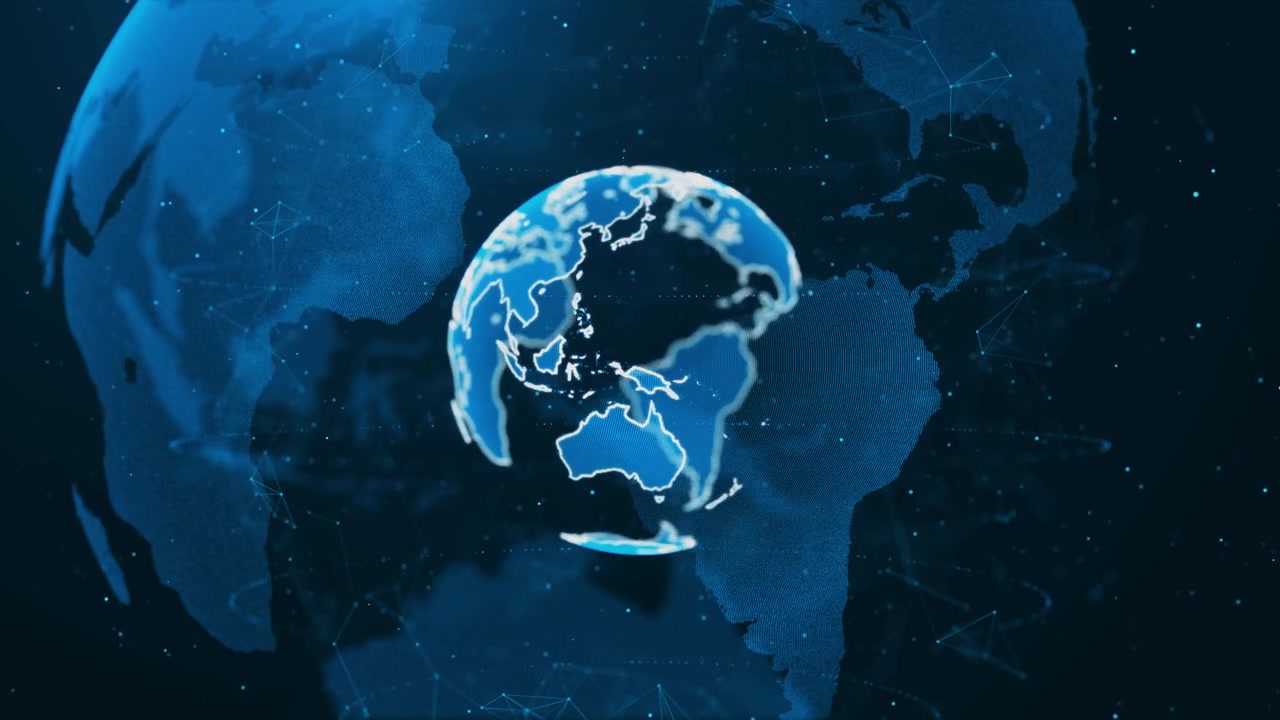 Animazione di una rete globale digitale con connessioni dati rotanti a livello mondiale, big data, cloud e la Terra