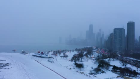 Aerial-footage-of-Frozen-Lake-Michigan-during-2019-Polar-Vortex,-Chicago,-Illinois