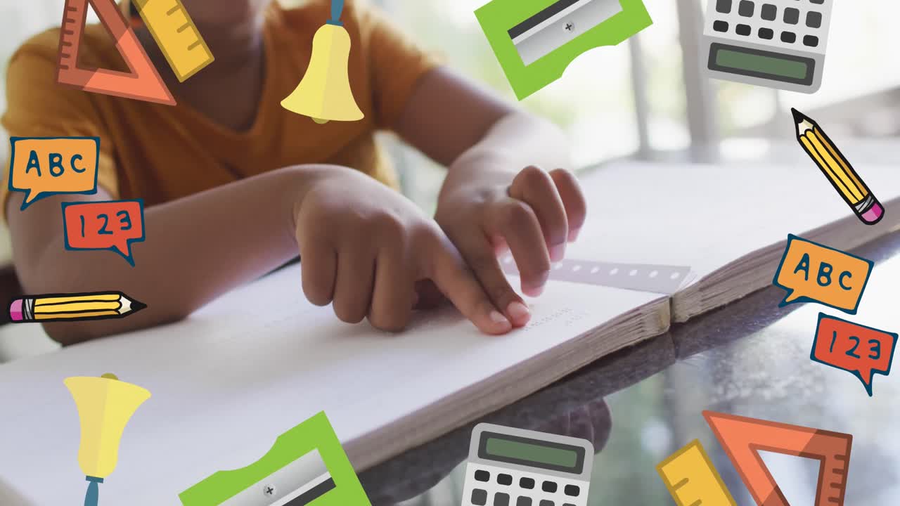 animación de artículos escolares sobre un escolar biracial leyendo braille en el aula
