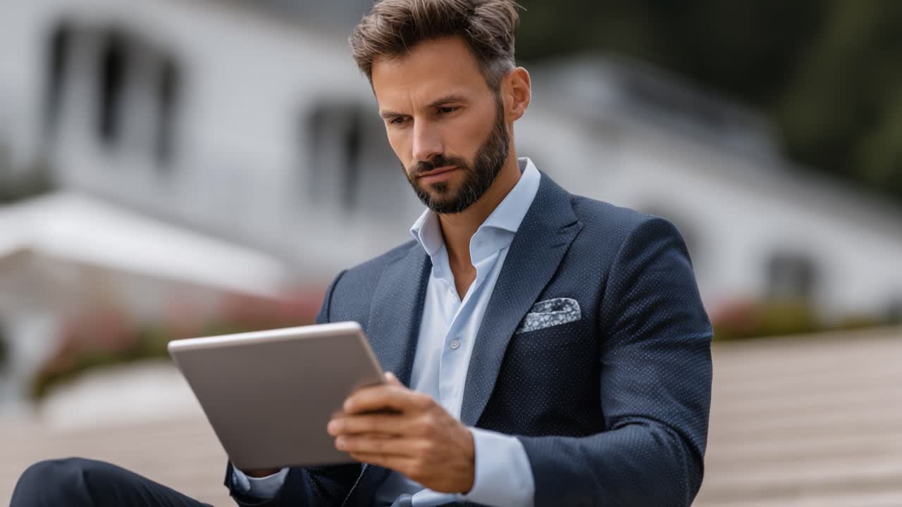 Focused Professional Engaging with Technology in an Outdoor Setting, Demonstrating Modern Lifestyle and Work Ethic with a Tablet Device