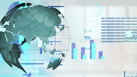 animation of globe over graphs, loading circles and trading board against abstract background