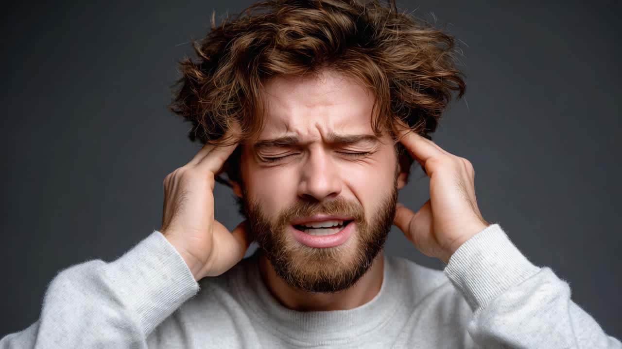A Struggling Man Experiences Intense Discomfort, With His Hands Pressing Against His Temples, Illustrating Inner Turmoil and the Battle Against Pain