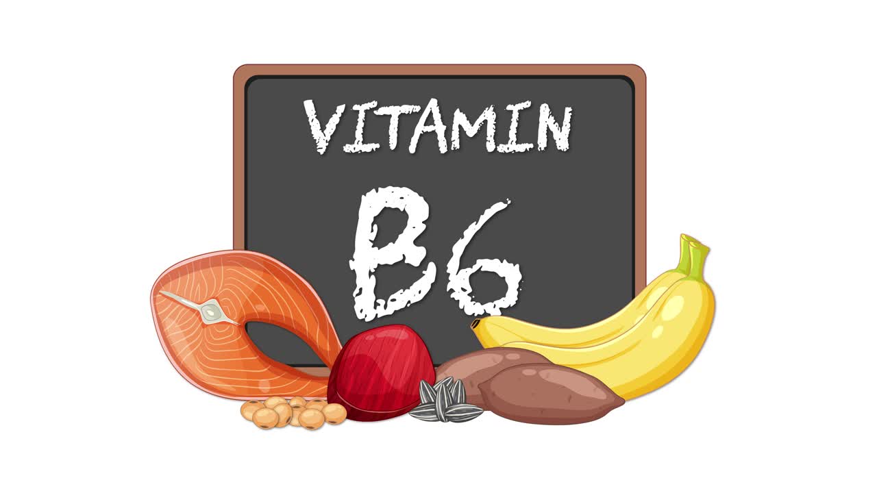 Chalkboard with Vitamin B6 text appears, surrounded by salmon, banana, beet, nuts, and sweet potato