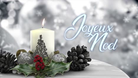 3d cgi of a christmas candle table decoration, in cool white and silver with a shiny holly sprig and an abstract ice-themed background