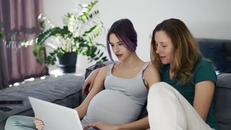 Young-pregnant-woman-using-laptop-computer-with-her-wife-on-sofa