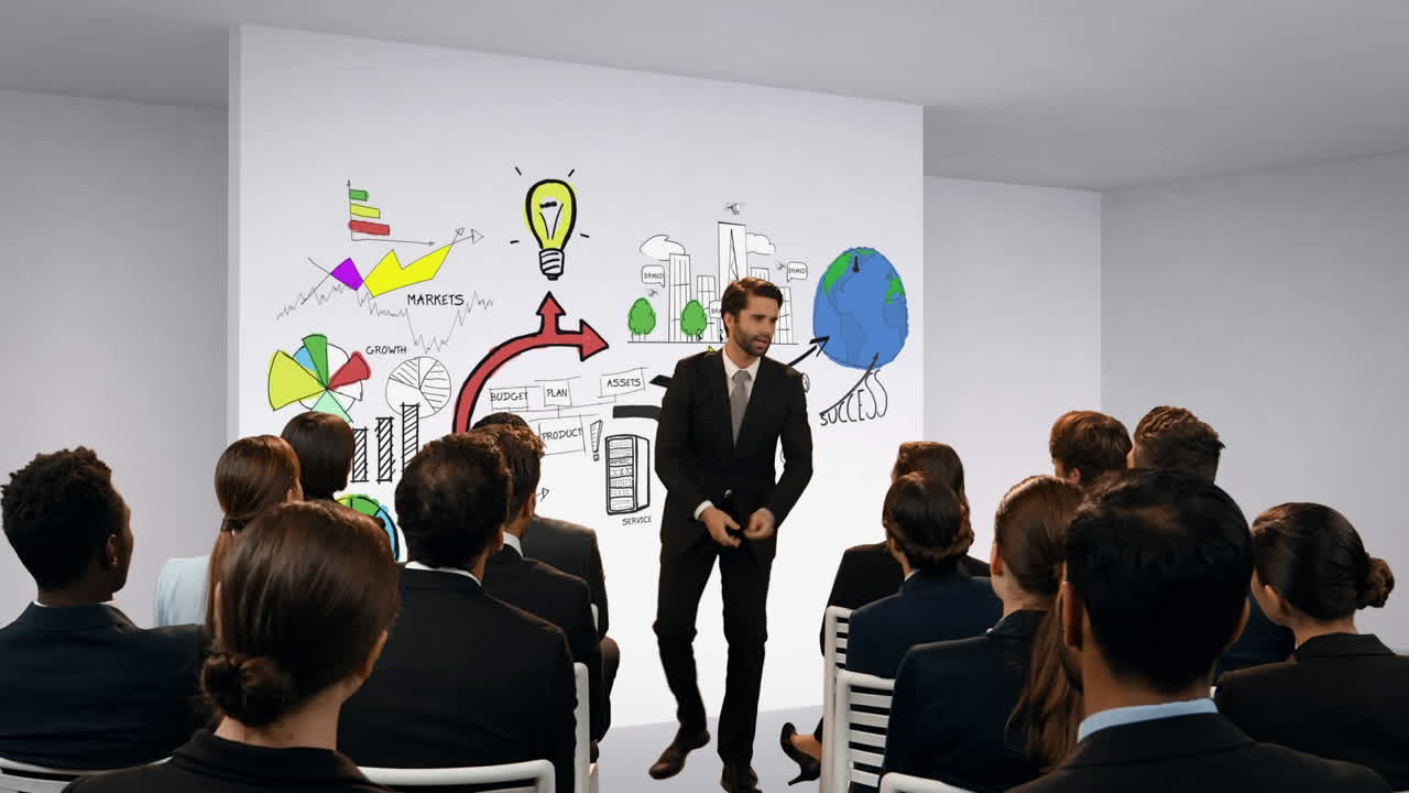 un hombre de negocios discutiendo una presentación para sus colegas.