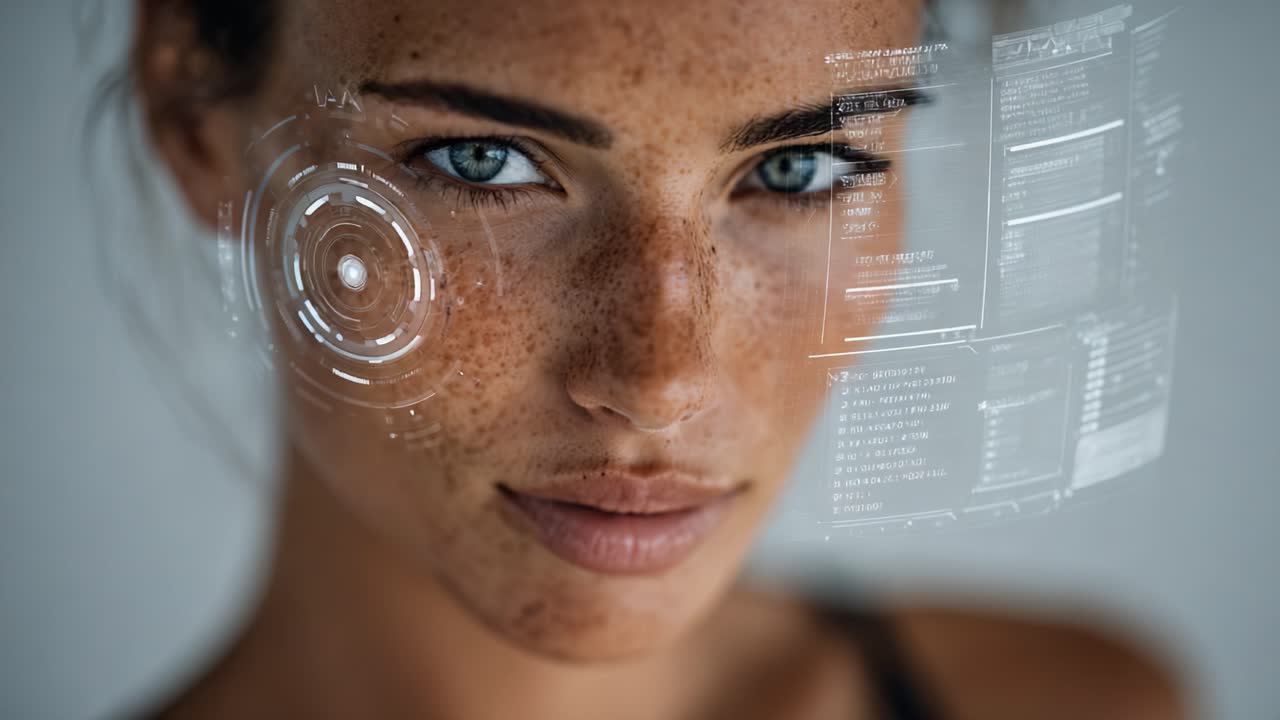 Et fængslende nærbillede af en ung kvinde med fregner, med futuristiske interface-elementer og slående blå øjne, fanget i to forskellige billeder.
