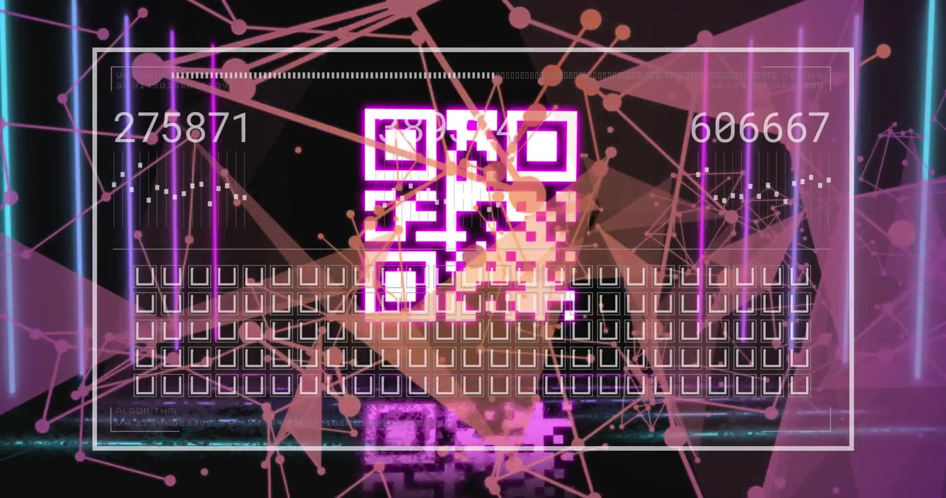 Animation: QR-Code über einem Netzwerk von Verbindungen und Datenverarbeitung.