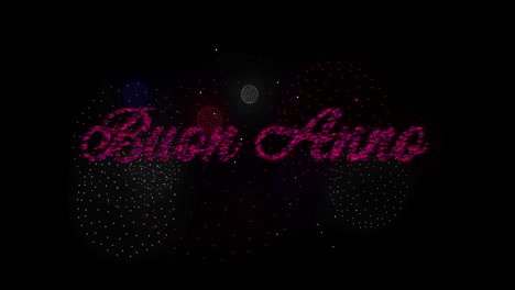 animation of buen anno text and fireworks exploding on black background