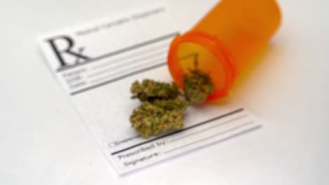 foco de rack de una botella de prescripción naranja que derrama varias flores de marihuana en un papel rx en blanco