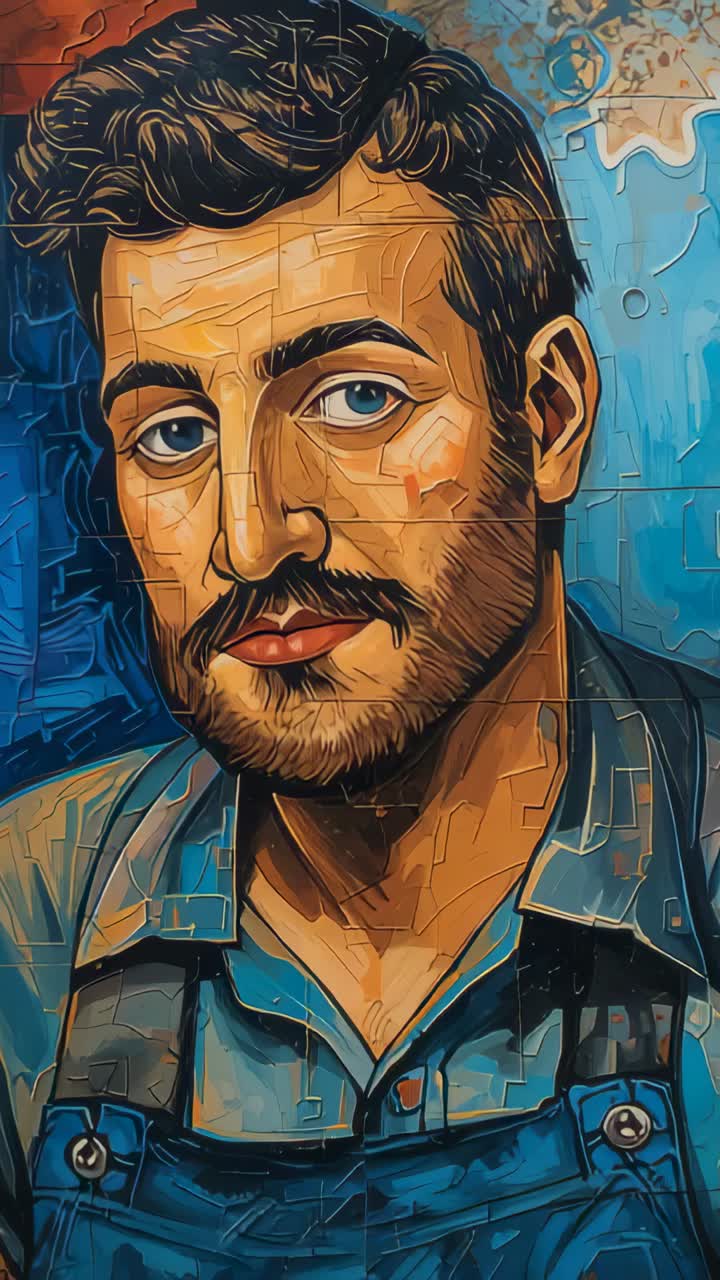 Vertical video: Panning camera moving in after operator shift on panel, showing mural and overalls