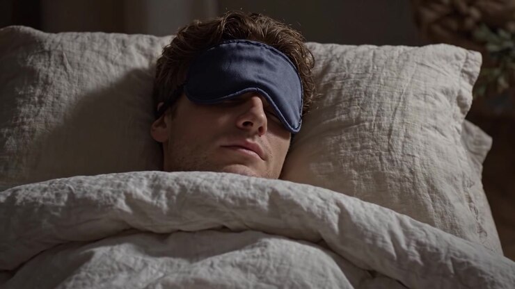 Un sonno notturno tranquillo: un individuo profondamente rilassato riposa sotto morbide coperte con una maschera per gli occhi per un comfort ottimale e una migliore qualità del sonno.