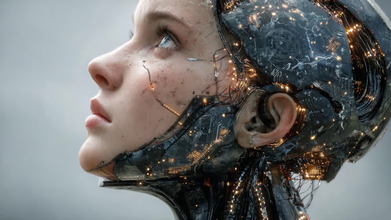 Un incredibile contrasto tra umanità e tecnologia: un primo piano di un personaggio Android femminile con una superficie metallica complessa e componenti illuminati, che cattura l'essenza della robotica futuristica