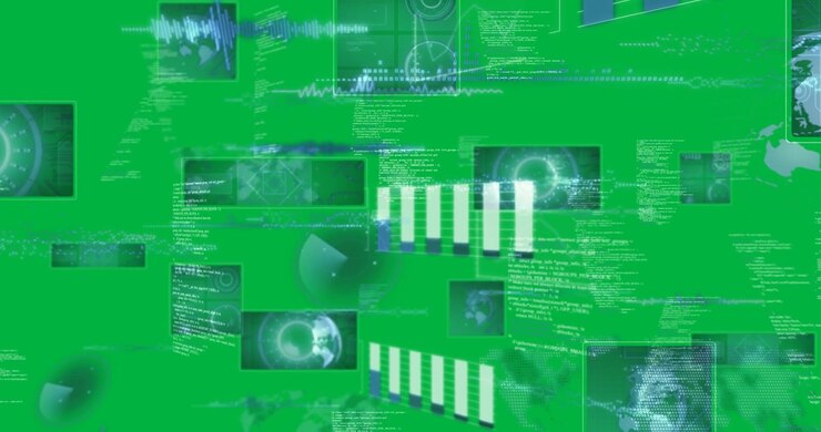 Digital animation of digital interface with data processing against black background