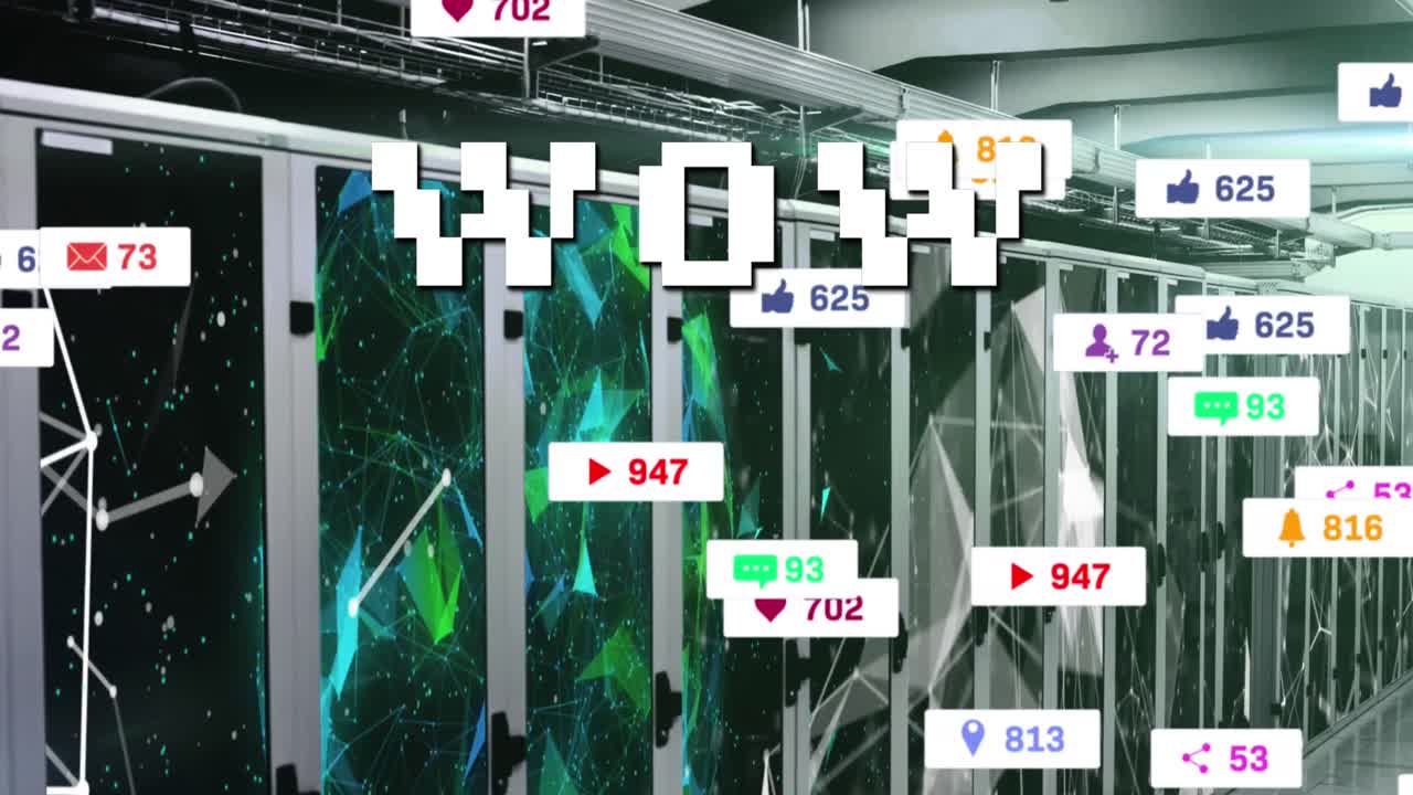 와우 텍스트, 소셜 미디어 아이콘 및 컴퓨터 서버를 통한 데이터 처리 애니메이션
