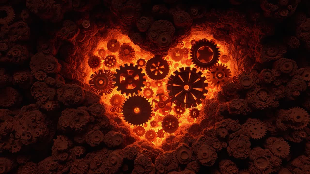 A Mechanical Heart: An Intricate Fusion of Gears and Flames in a Captivating Display of Love and Technology