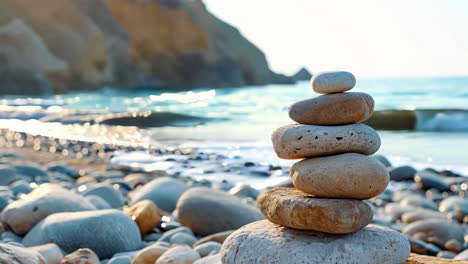 a stack of rocks on a rocky beach next to the ocean