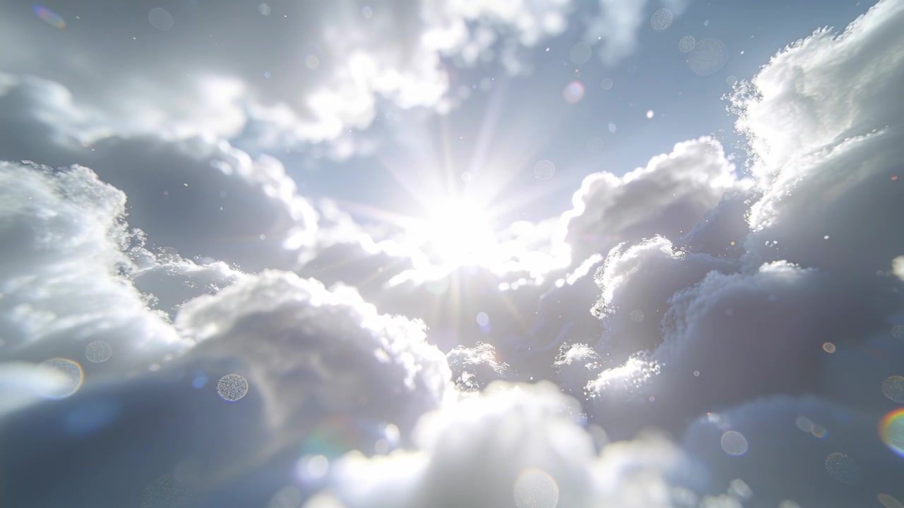 Punto di vista che avanza muovendosi attraverso dense nuvole cumuliformi verso il sole, rivelando raggi solari e bagliori.